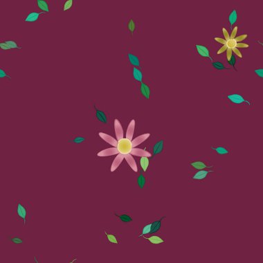 basit renkli çiçekleri olan serbest kompozisyon ve duvar kağıdı için yeşil yapraklar, vektör illüstrasyonu