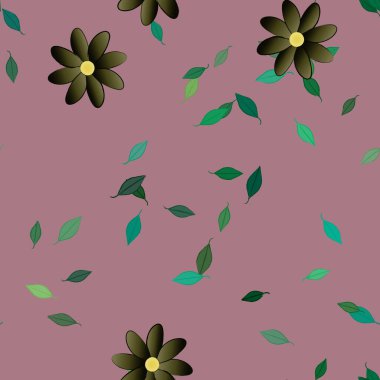 basit renkli çiçekleri olan serbest kompozisyon ve duvar kağıdı için yeşil yapraklar, vektör illüstrasyonu