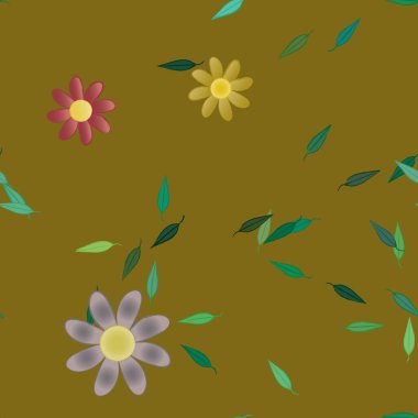 Basit renkli çiçekleri ve arka planda yeşil yaprakları olan güzel kompozisyon, vektör illüstrasyonu