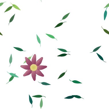 basit renkli çiçekleri olan serbest kompozisyon ve duvar kağıdı için yeşil yapraklar, vektör illüstrasyonu