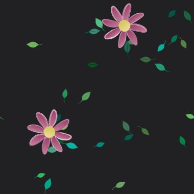 arkaplanda renkli çiçekler ve yeşil yapraklar, vektör illüstrasyonu