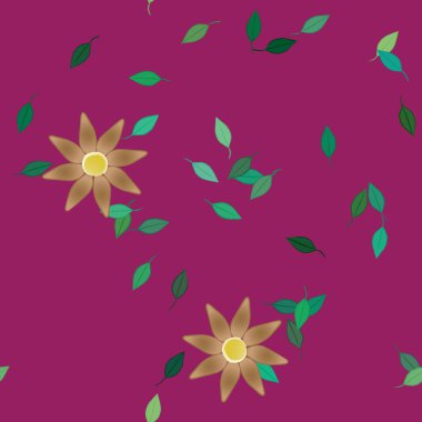 Serbest kompozisyonda yeşil yapraklı basit çiçekler, vektör illüstrasyonu