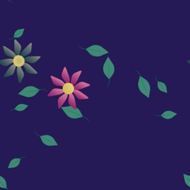 basit renkli çiçekleri olan serbest kompozisyon ve duvar kağıdı için yeşil yapraklar, vektör illüstrasyonu