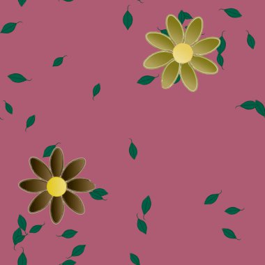 basit renkli çiçekleri olan serbest kompozisyon ve duvar kağıdı için yeşil yapraklar, vektör illüstrasyonu