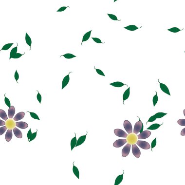 Basit renkli çiçekleri ve arka planda yeşil yaprakları olan güzel kompozisyon, vektör illüstrasyonu