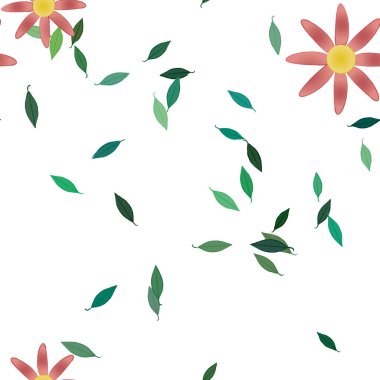 basit renkli çiçekleri olan serbest kompozisyon ve duvar kağıdı için yeşil yapraklar, vektör illüstrasyonu