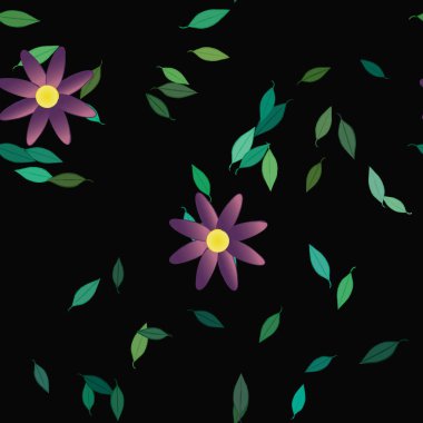 arkaplanda renkli çiçekler ve yeşil yapraklar, vektör illüstrasyonu