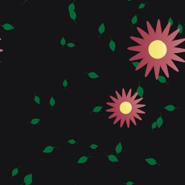 basit renkli çiçekleri olan serbest kompozisyon ve duvar kağıdı için yeşil yapraklar, vektör illüstrasyonu