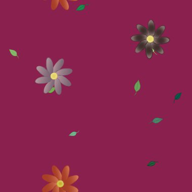 Basit renkli çiçekleri ve arka planda yeşil yaprakları olan güzel kompozisyon, vektör illüstrasyonu