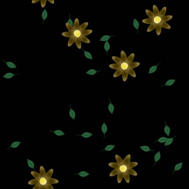 Serbest kompozisyonda yeşil yapraklı basit çiçekler, vektör illüstrasyonu