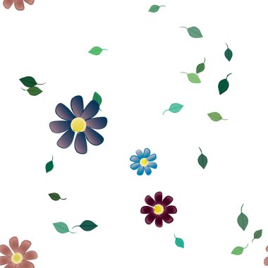 arkaplanda renkli çiçekler ve yeşil yapraklar, vektör illüstrasyonu