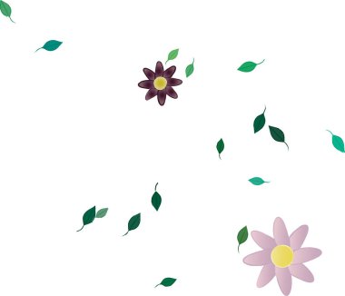 Basit renkli çiçekleri ve arka planda yeşil yaprakları olan güzel kompozisyon, vektör illüstrasyonu