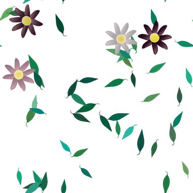 Serbest kompozisyonda yeşil yapraklı basit çiçekler, vektör illüstrasyonu