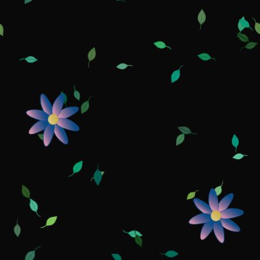 Serbest kompozisyonda yeşil yapraklı basit çiçekler, vektör illüstrasyonu