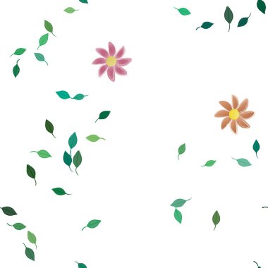 basit renkli çiçekleri olan serbest kompozisyon ve duvar kağıdı için yeşil yapraklar, vektör illüstrasyonu