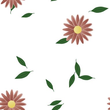 Serbest kompozisyonda yeşil yapraklı basit çiçekler, vektör illüstrasyonu