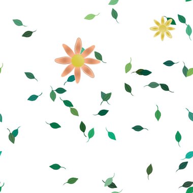 arkaplanda renkli çiçekler ve yeşil yapraklar, vektör illüstrasyonu