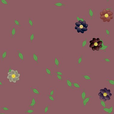 Basit renkli çiçekleri ve arka planda yeşil yaprakları olan güzel kompozisyon, vektör illüstrasyonu