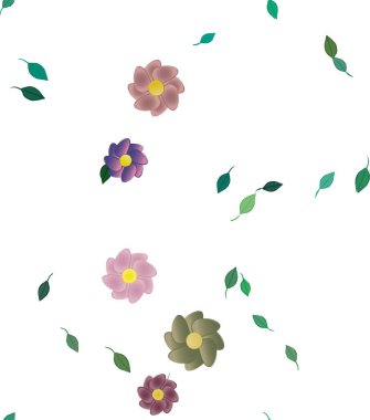 Basit renkli çiçekleri ve arka planda yeşil yaprakları olan güzel kompozisyon, vektör illüstrasyonu