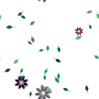 Basit renkli çiçekleri ve arka planda yeşil yaprakları olan güzel kompozisyon, vektör illüstrasyonu