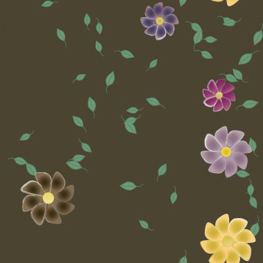 arkaplanda renkli çiçekler ve yeşil yapraklar, vektör illüstrasyonu