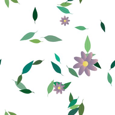 Basit renkli çiçekleri ve arka planda yeşil yaprakları olan güzel kompozisyon, vektör illüstrasyonu