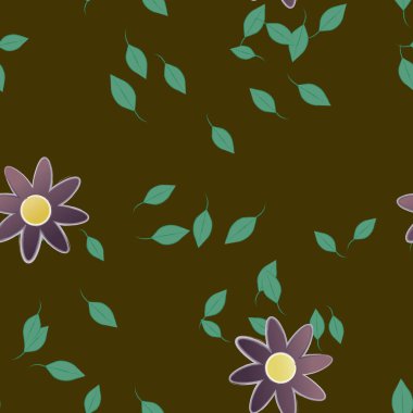 basit renkli çiçekleri olan serbest kompozisyon ve duvar kağıdı için yeşil yapraklar, vektör illüstrasyonu