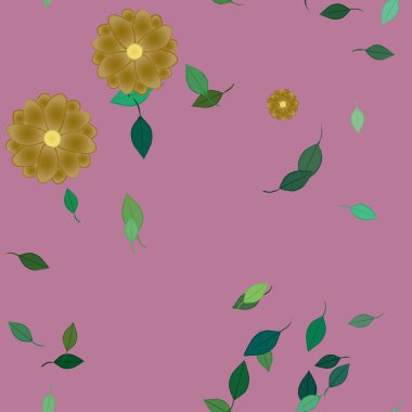 Basit renkli çiçekleri ve arka planda yeşil yaprakları olan güzel kompozisyon, vektör illüstrasyonu  