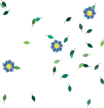 Basit renkli çiçekleri ve arka planda yeşil yaprakları olan güzel kompozisyon, vektör illüstrasyonu