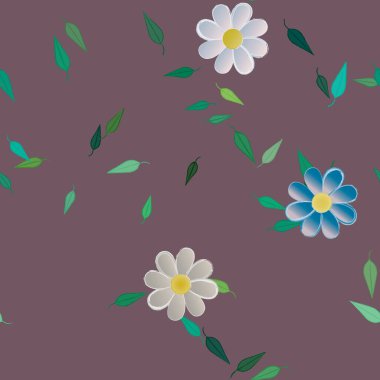 Basit renkli çiçekleri ve arka planda yeşil yaprakları olan güzel kompozisyon, vektör illüstrasyonu  