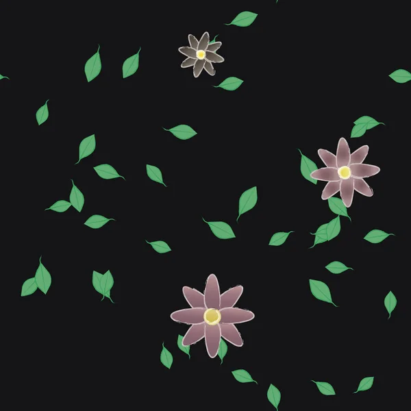 Piękny Skład Prostymi Kolorowymi Kwiatami Zielonymi Liśćmi Czarnym Tle Ilustracja — Wektor stockowy