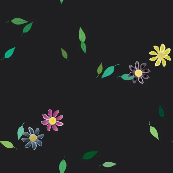 Modèle Vectoriel Avec Des Fleurs Colorées Simples Des Feuilles Vertes — Image vectorielle