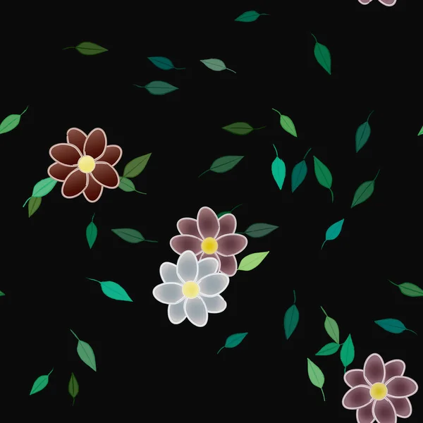 Gekleurde Bloemen Groene Bladeren Achtergrond Vector Illustratie — Stockvector