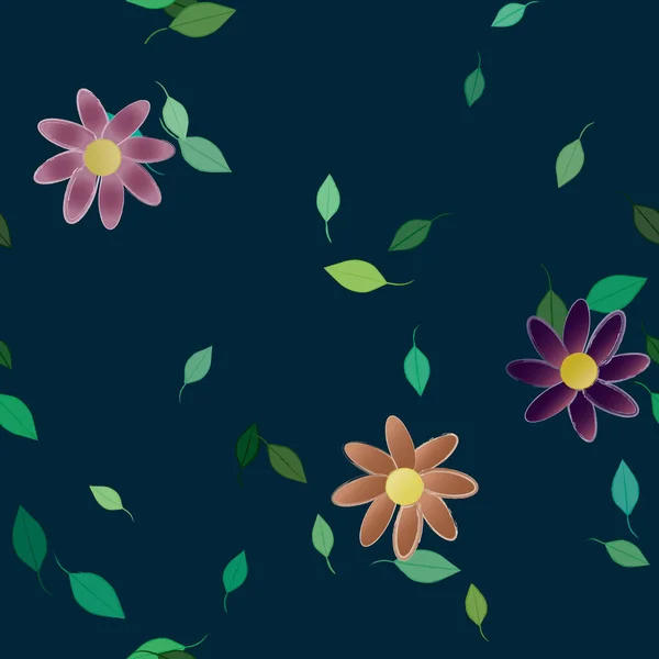 Modèle Vectoriel Avec Des Fleurs Colorées Simples Des Feuilles Vertes — Image vectorielle