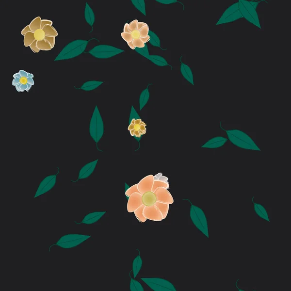 Hermosa Composición Con Flores Colores Simples Hojas Verdes Fondo Negro — Vector de stock