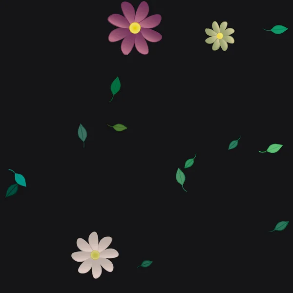 Mooie Compositie Met Eenvoudige Gekleurde Bloemen Groene Bladeren Achtergrond Vector — Stockvector