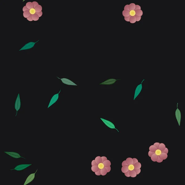 Όμορφη Σύνθεση Απλά Χρωματιστά Λουλούδια Και Πράσινα Φύλλα Μαύρο Φόντο — Διανυσματικό Αρχείο