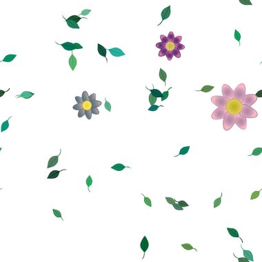 Basit renkli çiçekleri ve arka planda yeşil yaprakları olan güzel kompozisyon, vektör illüstrasyonu