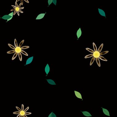 arkaplanda renkli çiçekler ve yeşil yapraklar, vektör illüstrasyonu