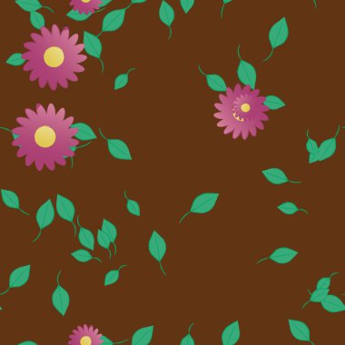 arkaplanda renkli çiçekler ve yeşil yapraklar, vektör illüstrasyonu