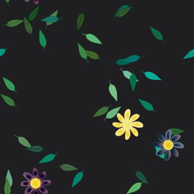 Serbest kompozisyonda yeşil yapraklı basit çiçekler, vektör illüstrasyonu