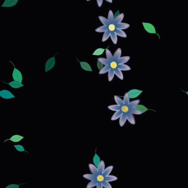 Basit renkli çiçekleri ve arka planda yeşil yaprakları olan güzel kompozisyon, vektör illüstrasyonu