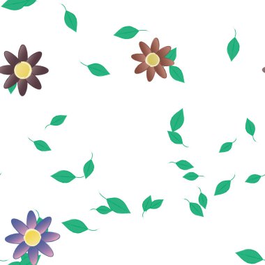 Basit renkli çiçekleri ve arka planda yeşil yaprakları olan güzel kompozisyon, vektör illüstrasyonu  