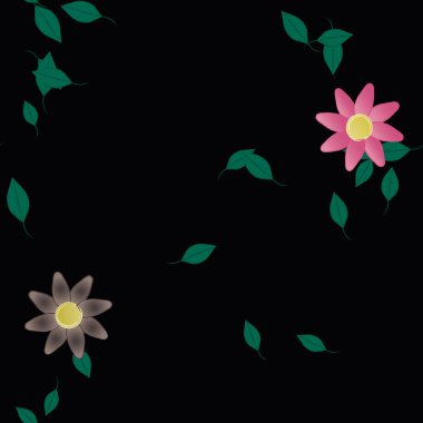 basit renkli çiçekleri olan serbest kompozisyon ve duvar kağıdı için yeşil yapraklar, vektör illüstrasyonu