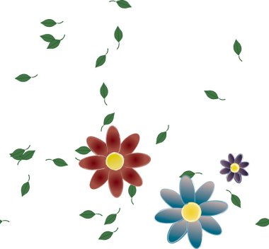 basit renkli çiçekleri olan serbest kompozisyon ve duvar kağıdı için yeşil yapraklar, vektör illüstrasyonu