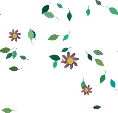 Basit renkli çiçekleri ve beyaz arkaplanda yeşil yaprakları olan güzel kompozisyon, vektör illüstrasyonu  