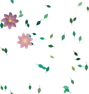 Serbest kompozisyonda yeşil yapraklı basit çiçekler, vektör illüstrasyonu