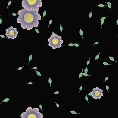 Serbest kompozisyonda yeşil yapraklı basit çiçekler, vektör illüstrasyonu