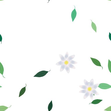 Serbest kompozisyonda yeşil yapraklı basit çiçekler, vektör illüstrasyonu