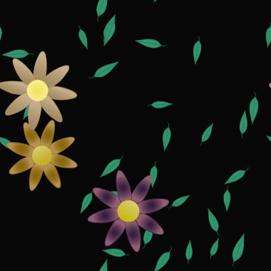 Serbest kompozisyonda yeşil yapraklı basit çiçekler, vektör illüstrasyonu